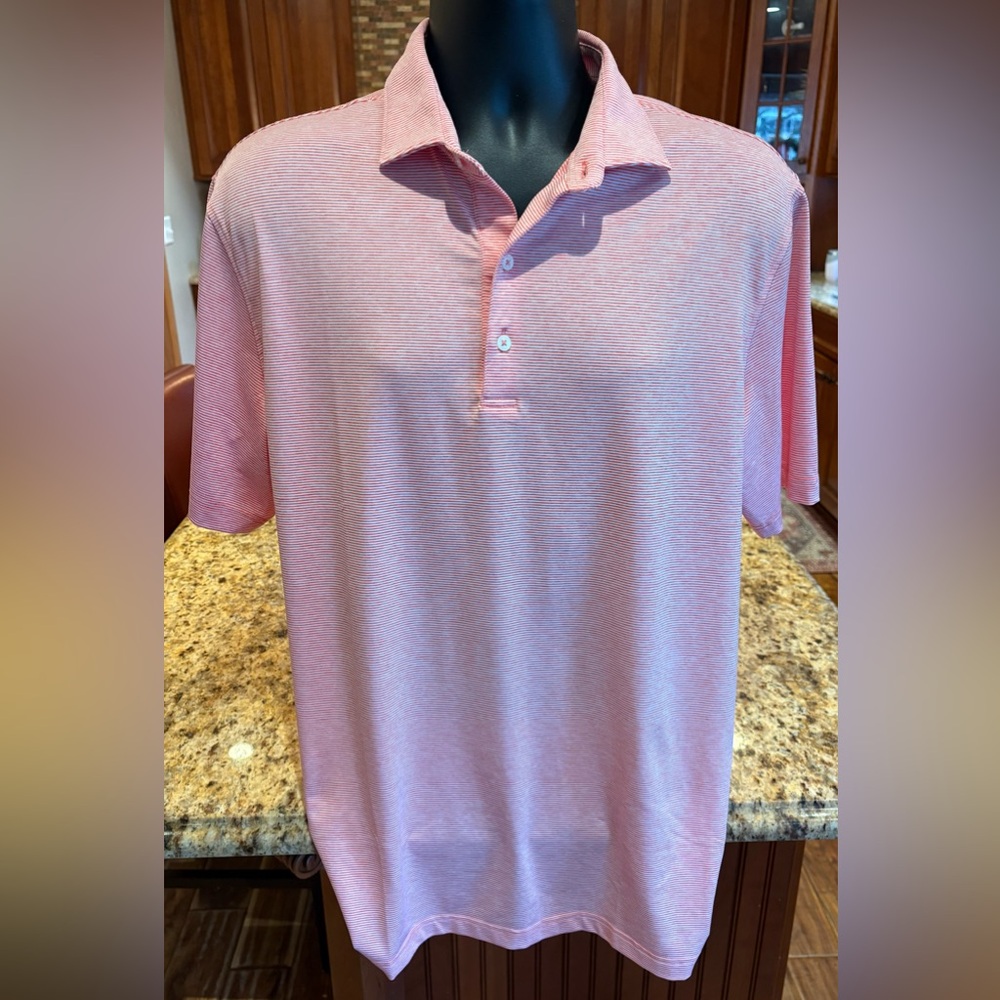 johnnie-O men’s golf polo. Sharp orange w/white micro stripe & logo on back.‎